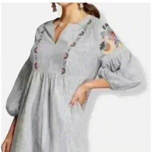 Knox Rose Womens Boho Embroidered Dress Size L Floral Stripe Balloon Sleeve
